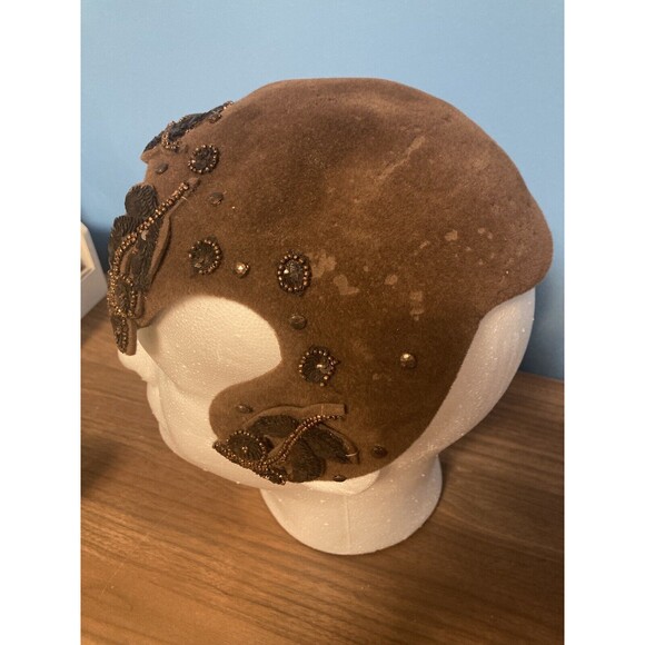 Lilyan Models Merrimac Peachbloom Brown Velour Fascinator Hat Beaded Sequins VTG - Picture 4 of 11